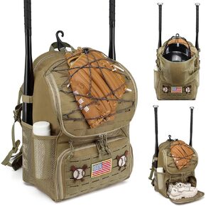 Tactical Baseball Backpack, Softball Bat Bag with Shoes Compartment for Youth/Adult, Lightweight Baseball Bag with Fence Hook Hold T-Ball Bat, Batting Mitten, Helmet, Caps, Teeball Gear