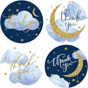 Whaline 500Pcs Stars Thank You Stickers Roll Twinkle Twinkle Little Star Self-Adhesive Labels Round Moon Cloud Pattern Thank You Label Stickers for Wedding Birthday Envelope Decoration, 4 Design