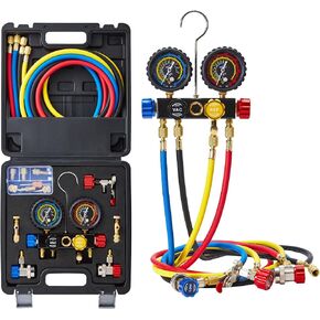 AC Gauges, HVAC Manifold Gauge Set for R134 R22 R12 R502, with Hoses Couplers Adapters Puncturing Can Tap, Freon Recharge Kit