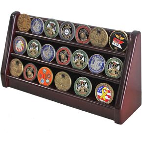3 Rows Military Challenge Coin Holder Display Stand, Solid Rack Shelves, Mahogany Finish in Kuwait