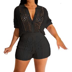 VOIKERDR Women 2 Piece Outfits Knitted Shorts Set Beach Vacation Outfits Short Sleeve Shirt and Shorts Summer Sets