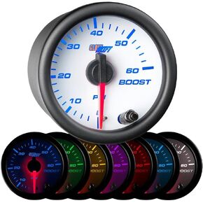GlowShift White 7 Color 60 PSI Turbo Boost Gauge Kit - Includes Mechanical Hose & Fittings - White Dial - Clear Lens - for Diesel Trucks - 2-1/16" 52mm