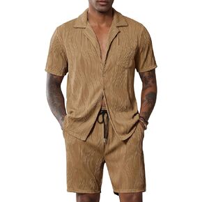 LecGee Men's Short Sleeve 2 Pieces Wavy Pleated Button Down Shirt & Shorts set Summer Tracksuit Hippie Casual Beach
