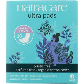 Natracare Slim Fitting Ultra Pads with Wings, Long, Made with Certified Organic Cotton, Ecologically Certified Cellulose Pulp and Plant Starch (12 Pack, 120 Pads Total)