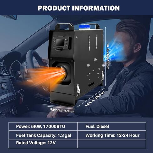 سخان هواء ديزل 12 فولت، سخان ديزل محمول Aiscan 5KW-8KW الكل في واحد، سخان وقوف السيارات مع مفتاح LCD، جهاز تحكم عن بعد للسيارة، RV، مقطورة، شاحنة، قارب، العربة، الشاحنة والداخل in Kuwait