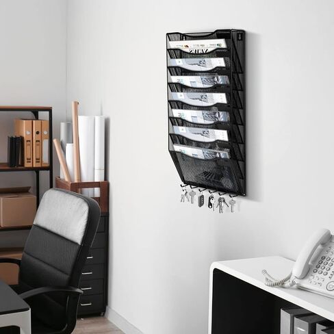 Flexzion الجدار شنقا منظم الملفات حامل الملفات المعدنية 8 جيوب شبكة سوداء مكتب جدار منظم مجلة رف الحائط شنقا منظم الورق مع السنانير الرئيسية ولوحات التسمية in Saudi Arabia