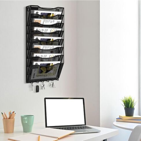 Flexzion الجدار شنقا منظم الملفات حامل الملفات المعدنية 8 جيوب شبكة سوداء مكتب جدار منظم مجلة رف الحائط شنقا منظم الورق مع السنانير الرئيسية ولوحات التسمية in Saudi Arabia