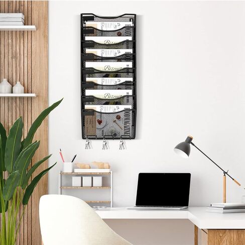 Flexzion الجدار شنقا منظم الملفات حامل الملفات المعدنية 8 جيوب شبكة سوداء مكتب جدار منظم مجلة رف الحائط شنقا منظم الورق مع السنانير الرئيسية ولوحات التسمية in Saudi Arabia