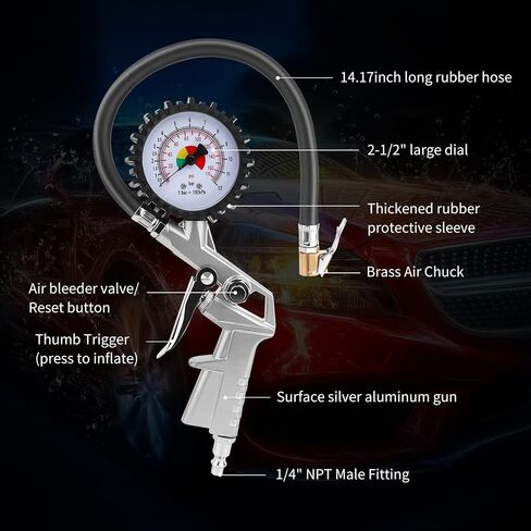 Tire Pressure Gauge with Inflator (0-170 PSI) - Air Pressure Gauge with Rubber Hose - Air Compressor Tire Inflator Attachment 2-1/2" Dial Wheel Inflator Gage for Any Car, Truck, Motorcycle, RV in Saudi Arabia