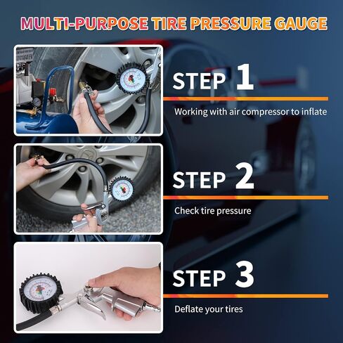 Tire Pressure Gauge with Inflator (0-170 PSI) - Air Pressure Gauge with Rubber Hose - Air Compressor Tire Inflator Attachment 2-1/2" Dial Wheel Inflator Gage for Any Car, Truck, Motorcycle, RV in Saudi Arabia