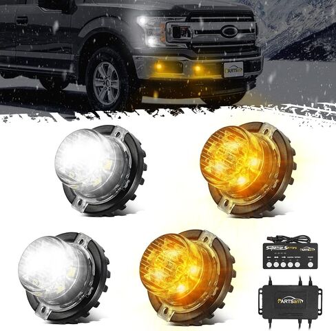 Partsam 4Pcs Amber White LED Hideaway Strobe Lights Kit 20 Flashing Modes w/Control Box Hazard Warning Grille Safety Caution Light For Cars Trucks Vehicles Hazard Warning Grille Safety Caution Light in Saudi Arabia