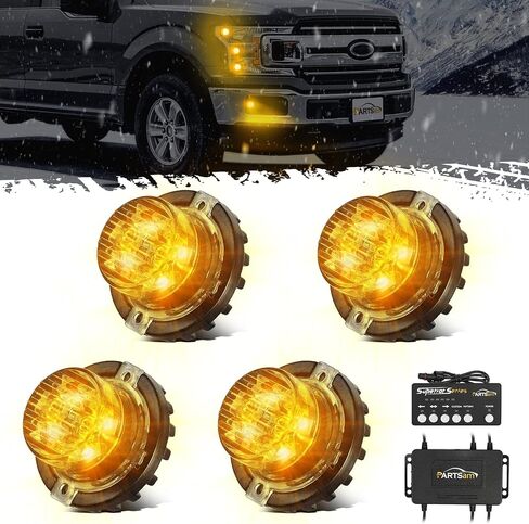Partsam 4Pcs Amber White LED Hideaway Strobe Lights Kit 20 Flashing Modes w/Control Box Hazard Warning Grille Safety Caution Light For Cars Trucks Vehicles Hazard Warning Grille Safety Caution Light in Saudi Arabia