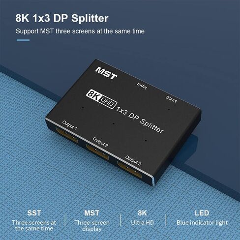 Displayport Splitter 1x3, Displayport Switch 8k Splitter Displayport Hub Display Port Splitter 1 in 3 Out DP Splitter 8K@60Hz with MST Function, Support Extend and Mirror Mode in Kuwait