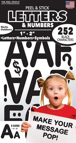 Peel and Stick Letters and Numbers - Acid-Free, Non-Toxic, Use Indoors or Outdoors, Made in The USA, 252 Stickers Included, Solid Black in Saudi Arabia