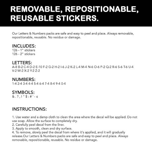 Peel and Stick Letters and Numbers - Acid-Free, Non-Toxic, Use Indoors or Outdoors, Made in The USA, 252 Stickers Included, Solid Black in Saudi Arabia
