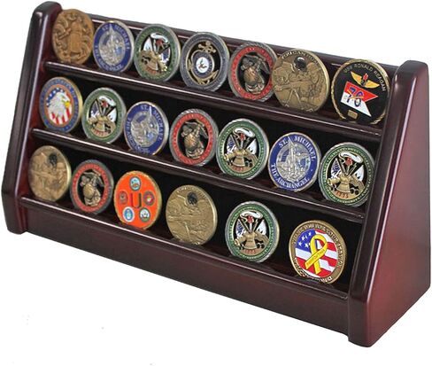 3 Rows Military Challenge Coin Holder Display Stand, Solid Rack Shelves, Mahogany Finish in Saudi Arabia
