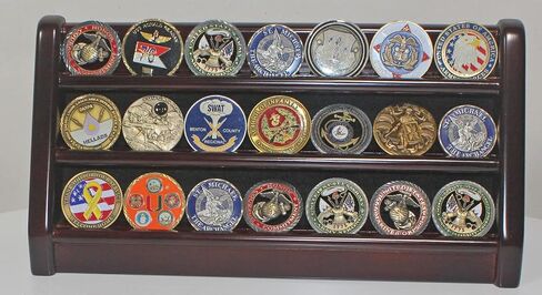 3 Rows Military Challenge Coin Holder Display Stand, Solid Rack Shelves, Mahogany Finish in Saudi Arabia
