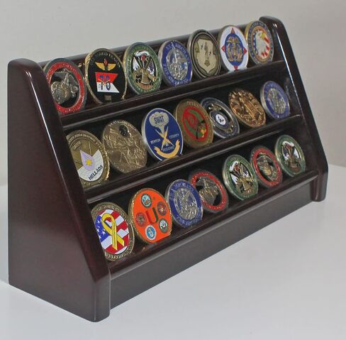 3 Rows Military Challenge Coin Holder Display Stand, Solid Rack Shelves, Mahogany Finish in Saudi Arabia