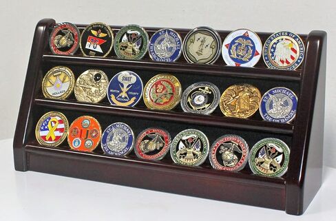 3 Rows Military Challenge Coin Holder Display Stand, Solid Rack Shelves, Mahogany Finish in Saudi Arabia