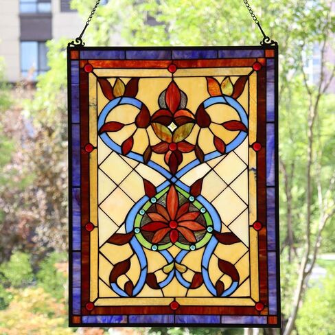 Bieye W10032 Fiery Heart and Flower Tiffany Style Stained Glass Window Hangings Panel with Chain, Orange, 25" H x 18" W in Kuwait