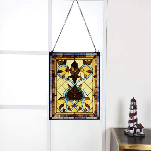 Bieye W10032 Fiery Heart and Flower Tiffany Style Stained Glass Window Hangings Panel with Chain, Orange, 25" H x 18" W in Kuwait
