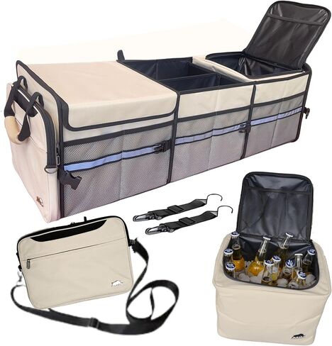 Trunk Organizer for Car, SUV, Trucks with Magnetic Lids | XLarge, Foldable | Detachable Computer & Cooler Bag | Insulated & Waterproof | 6 Mesh Pockets & 3+2 Compartments (Beige) in Saudi Arabia
