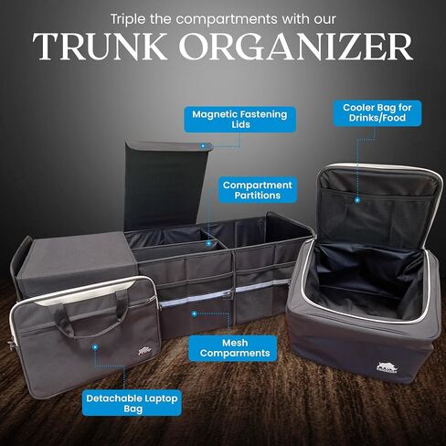 Trunk Organizer for Car, SUV, Trucks with Magnetic Lids | XLarge, Foldable | Detachable Computer & Cooler Bag | Insulated & Waterproof | 6 Mesh Pockets & 3+2 Compartments (Beige) in Saudi Arabia