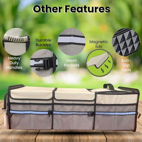 Trunk Organizer for Car, SUV, Trucks with Magnetic Lids | XLarge, Foldable | Detachable Computer & Cooler Bag | Insulated & Waterproof | 6 Mesh Pockets & 3+2 Compartments (Beige) in Saudi Arabia
