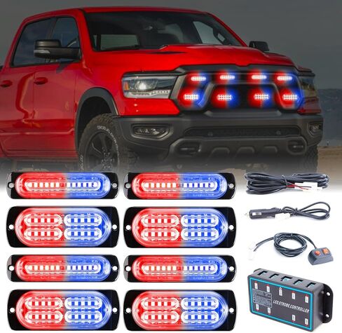 8pcs Sync Feature Emergency Strobe Grille Lights LED Ultra Slim Surface Mount Flashing Hazard Warning Light Bar with Controller for Firefighter/Construction/Trucks/Vehicles/Car (Amber/White) in Saudi Arabia