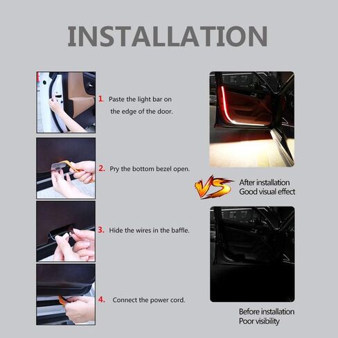 أضواء باب السيارة، 2 حزمة 48 بوصة LED شريط ضوء تحذير فلاش ستروب مزدوج الألوان الأحمر والأبيض ديكور مضاد للتصادم الخلفي مصابيح أمان متسلسلة مرنة 1.2 متر in Kuwait