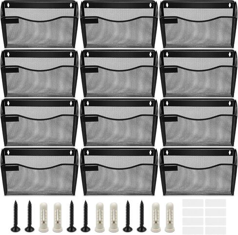 12 Pack Mesh Wall Mounted File Holder Hanging File Organizer Vertical Wall File Organizer Holder Rack for Office and Home, Black (with Label Panel) in Saudi Arabia