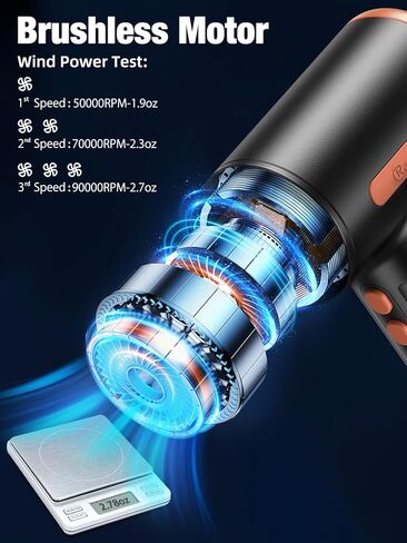 Compressed Air Duster, with Brushless Motor, Low Noise, Max. 90000RPM, 3 Gear Adjustable, 7500mAh Rechargeable Batteries, Non-Disposable Compressed Gas Duster in Kuwait