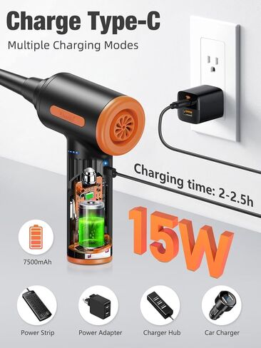 Compressed Air Duster, with Brushless Motor, Low Noise, Max. 90000RPM, 3 Gear Adjustable, 7500mAh Rechargeable Batteries, Non-Disposable Compressed Gas Duster in Kuwait