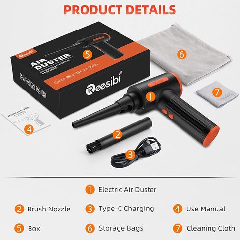 Compressed Air Duster, with Brushless Motor, Low Noise, Max. 90000RPM, 3 Gear Adjustable, 7500mAh Rechargeable Batteries, Non-Disposable Compressed Gas Duster in Kuwait