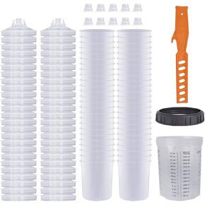 Disposable Paint Sprayer Gun Cup 27 Ounce(800ML) Kit with 50 Cups and Lids System, 1 Hard Cup with Retainer Ring, 10 Plugs and 1 Paint Stirrer for Automotive Commercial Coatings