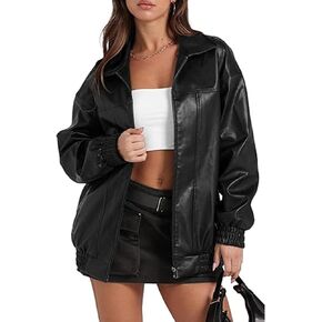 SEMATOMALA Women's Faux Leather Bomber Jacket Motorcycle Coats Oversized PU Fashion Y2K Moto Biker Coats