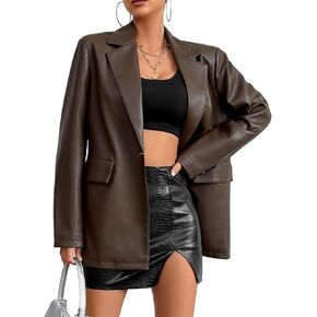 Womens Faux Leather Blazer Jacket Moto Biker Coat Long Sleeves Button Fashion Coats