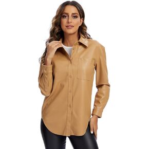 S P Y M Women Faux Leather Jacket Soft Button Down Shirt Shacket with Pocket, Regular and Plus Size