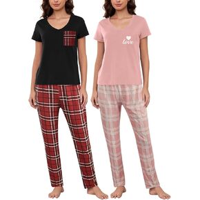Hong Hui 2 Pack Womens Pajama مجموعات قصيرة مع Pajama Pant مجموعة Soft Sleepwear طباعة PJ مجموعات S-XXXL