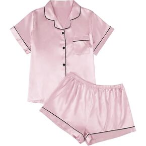 AUTOMET Women Silk Satin Summer Pajama Set Matching Lounge Pjs Soft 2 Piece Suit Ladies Button Down Tops and Shorts