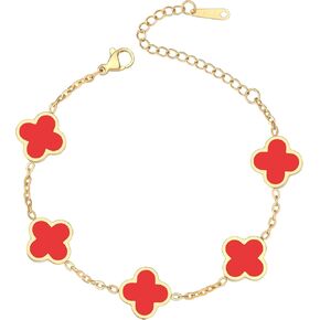(Sturdy Version) 18K Gold Plated Bracelets for Women Men (Double Sided) Four Leaf Clover Cute Trendy Lucky Braclet (Adjustable) Fits Wrists upto 8 inch, Gold White Black Green Blue Red Pink