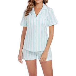 LUBOT 100% Cotton Pajamas for Women 2 Piece PJ Set Button-Down Soft Knit Short Sleeve Summer Sleepwear Loungewear XS-XXL