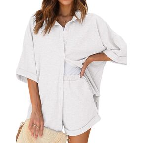 Ekouaer Waffle Knit Lounge Sets for Women Short Sleeve Pajamas Button Down Pjs Oversized Loungewear Shorts Set