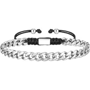 MEALGUET Rope & Chain Braided Link Bracelet for Men : Handmade Trendy Men's Stainless Steel Metal Non Tarnish Waterproof Cuban Chain Bracelet Fashion Jewelry Gift for Dad Son Boyfriend, Adjustable