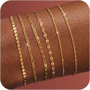 Tewiky Stack Gold Bracelets for Women Non Tarnish - Dainty 14K Gold Plated/Sterling Silver Chain Bracelets Set Adjustable Trendy Waterproof Jewelry for Women