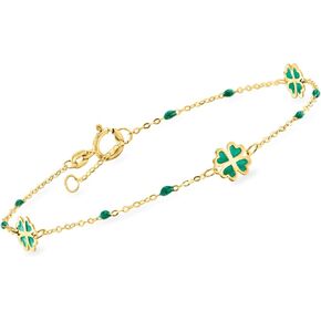 Ross-Simons Italian Green Enamel Clover Station Bracelet in 14kt Yellow Gold. 6.5 inches