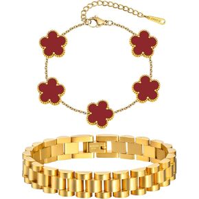 Stackable Gold Floral Bracelets Set , 2pcs 18K Gold Plated Bracelet Non-tarnish,Stainless Steel Link Chain Friendship Bracelet,Watch Band Trendy Jewelry,Christmas Valentines Birthday Gifts for Women