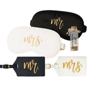 Wedding Honeymoon Travel Set for Couples. Embroidered Mr and Mrs Luggage Tags, Eye Masks, Keepsake Bottle, Wedding Gift, Anniversary Travel Accessories (Black White Gold Honeymoon Sand)