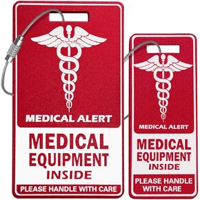 Medical Equipment Luggage Tag,Red and White with Steel Cable，Medical Id Tags for Travel