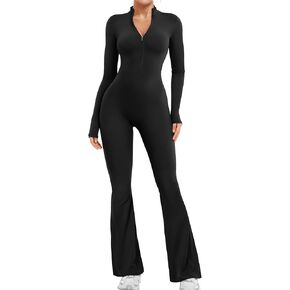 YEOREO Women Long Sleeve Flare Workout Jumpsuit Zip Up Romper Bottom Pants Wide Leg Bodysuit Bodycon Sexy One Piece